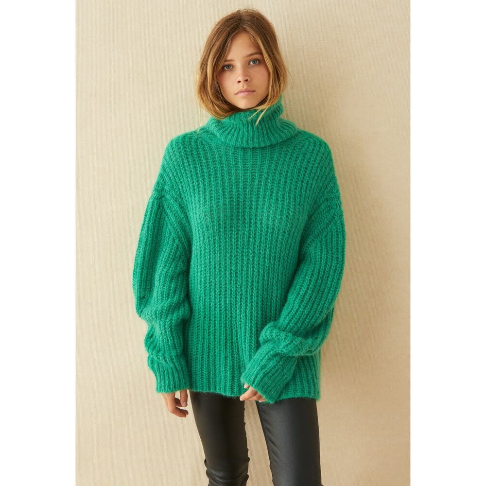 Ba&sh Emera Green Vert Mohair Alpaca Chunky Knit Turtleneck Sweater 1 Small
